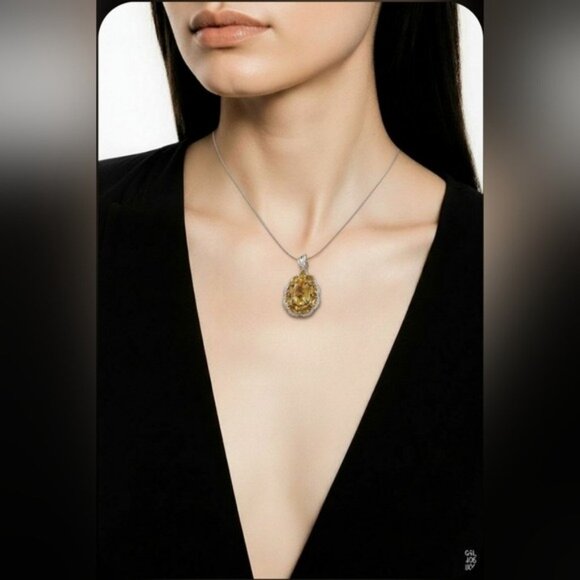 925 Sterling Silver Large Pendant 3x2cm with Natural Citrine Gem & Cz - Picture 7 of 7